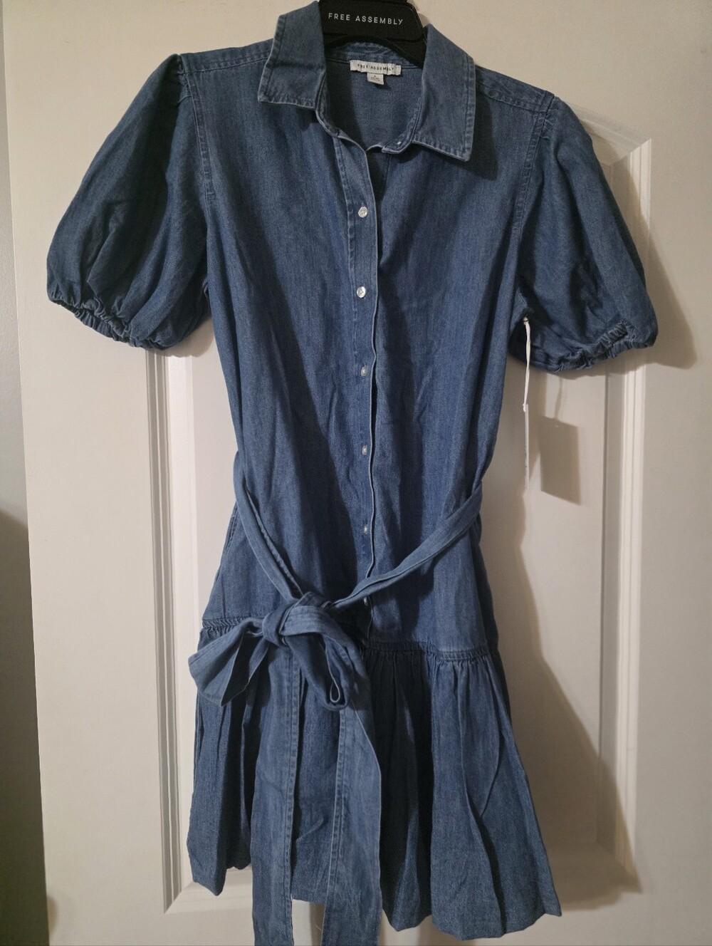 Free Assembly Denim Shirt Dress with Tie Waist - Blue - Picture 3 of 6